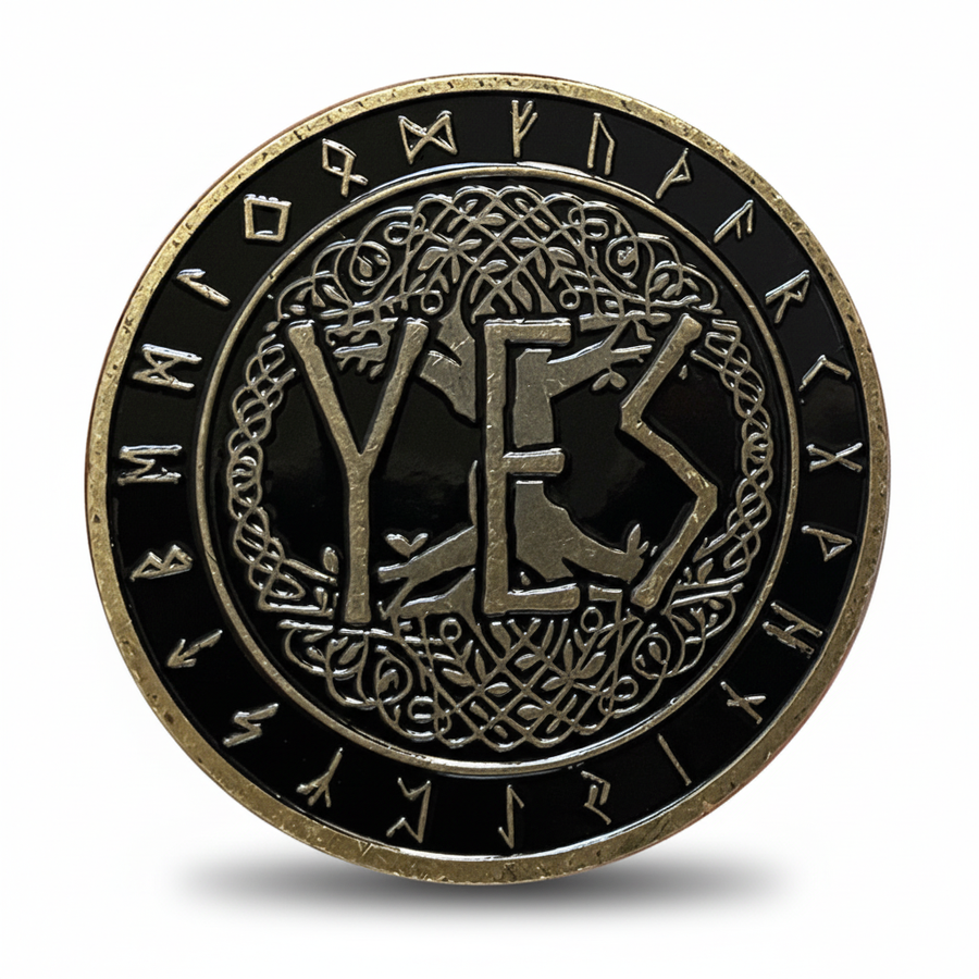 Viking YES NO rune coin commemorative collectible Norse runic alphabet Celtic knotwork decision making black enamel gold collectible token available at One More Coin store
