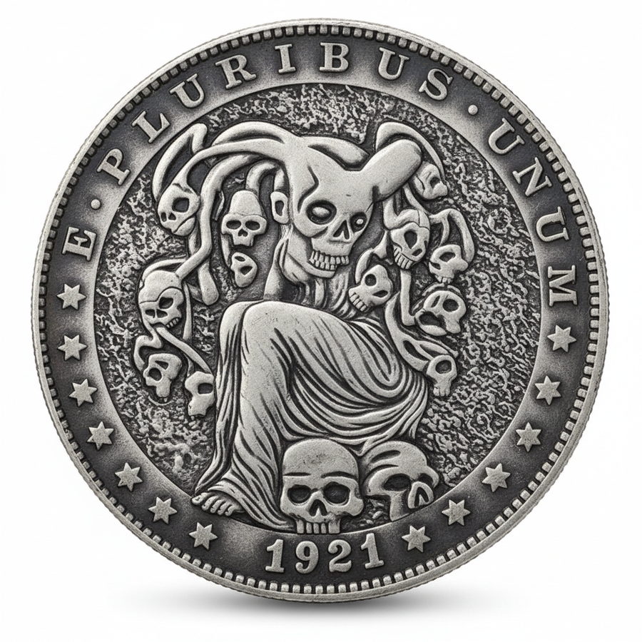 Warlock serpent crown coin with coiling snakes and skulls 1921 carved occult art available at One More Coin store
