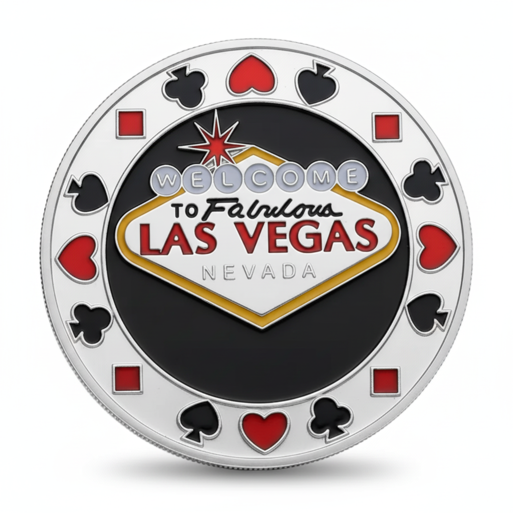 Welcome to Fabulous Las Vegas poker coin front featuring iconic Las Vegas sign with playing card suits border on silver finish