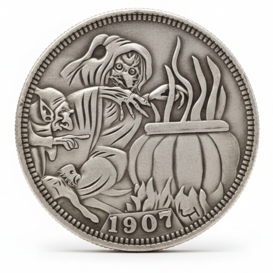 Witch brewing potion coin with cauldron black cat and owl 1907 carved witchcraft art available at One More Coin store
