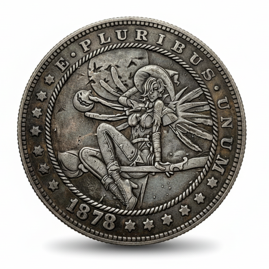 Witch on broomstick hobo nickel collectible coin 1878 Halloween Gothic carved folk art gift for collectors available at One More Coin store
