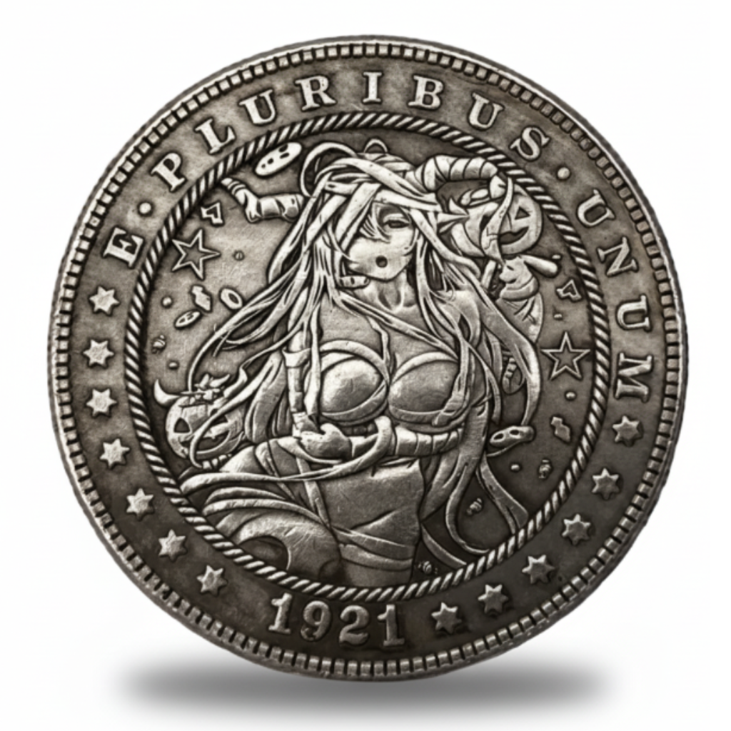 Witch pumpkins hobo coin with jack-o'-lanterns and mystical symbols 1921 carved Halloween art available at One More Coin store
