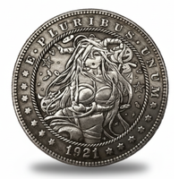 Witch pumpkins hobo coin with jack-o'-lanterns and mystical symbols 1921 carved Halloween art available at One More Coin store
