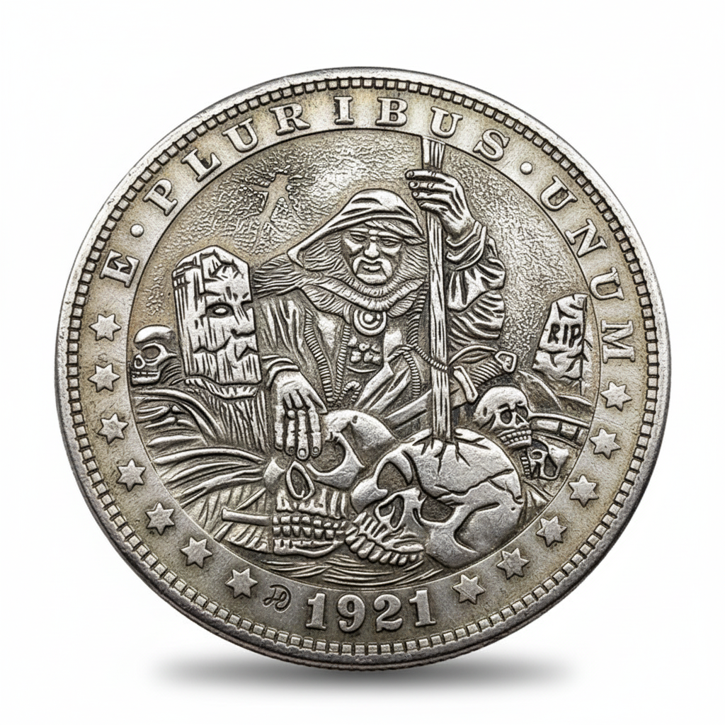 Wizard skull hobo coin with mystical staff and occult symbols 1921 carved gothic art available at One More Coin store
