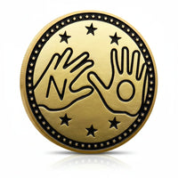 YES/NO decision coin gold finish featuring two stop hands with NO text, six stars, black enamel ring with stars, 40mm diameter