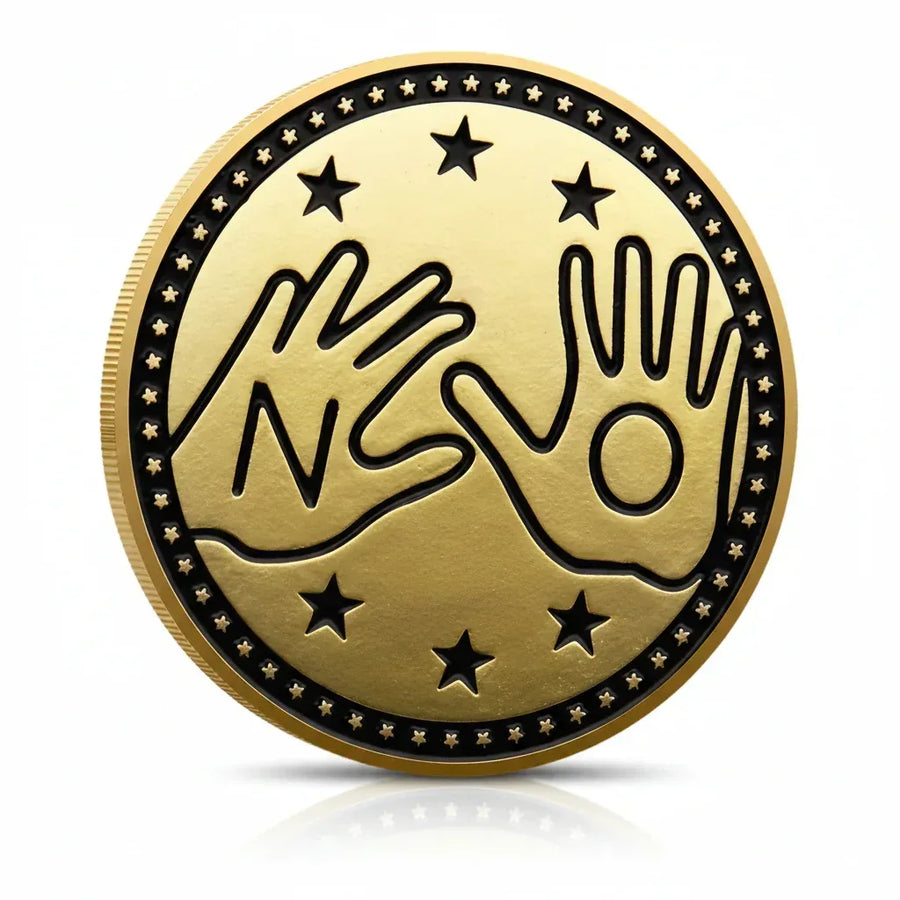 YES/NO decision coin gold finish featuring two stop hands with NO text, six stars, black enamel ring with stars, 40mm diameter
