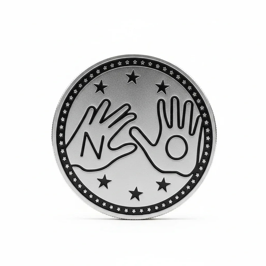 YES/NO decision coin silver finish featuring two stop hands with NO text, six stars, black enamel ring with stars, 40mm diameter