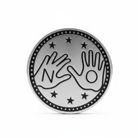 YES/NO decision coin silver finish featuring two stop hands with NO text, six stars, black enamel ring with stars, 40mm diameter