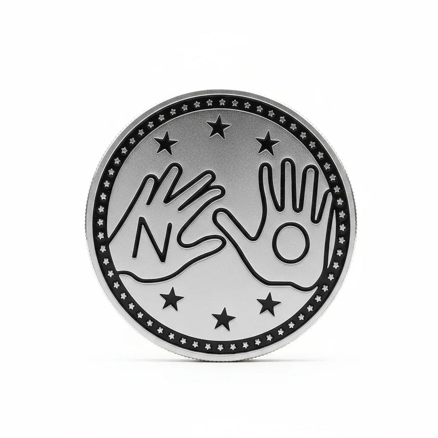 YES/NO decision coin silver finish featuring two stop hands with NO text, six stars, black enamel ring with stars, 40mm diameter