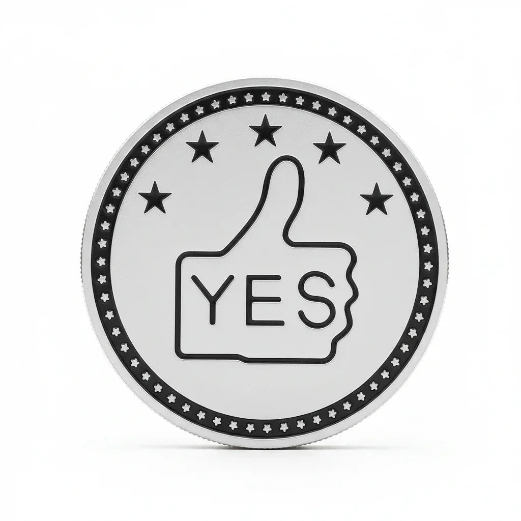 YES/NO decision coin silver finish featuring thumbs up gesture with YES text, five stars, black enamel ring with stars, 40mm diameter
