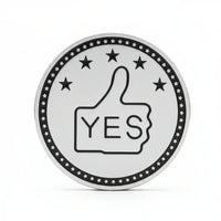 YES/NO decision coin silver finish featuring thumbs up gesture with YES text, five stars, black enamel ring with stars, 40mm diameter
