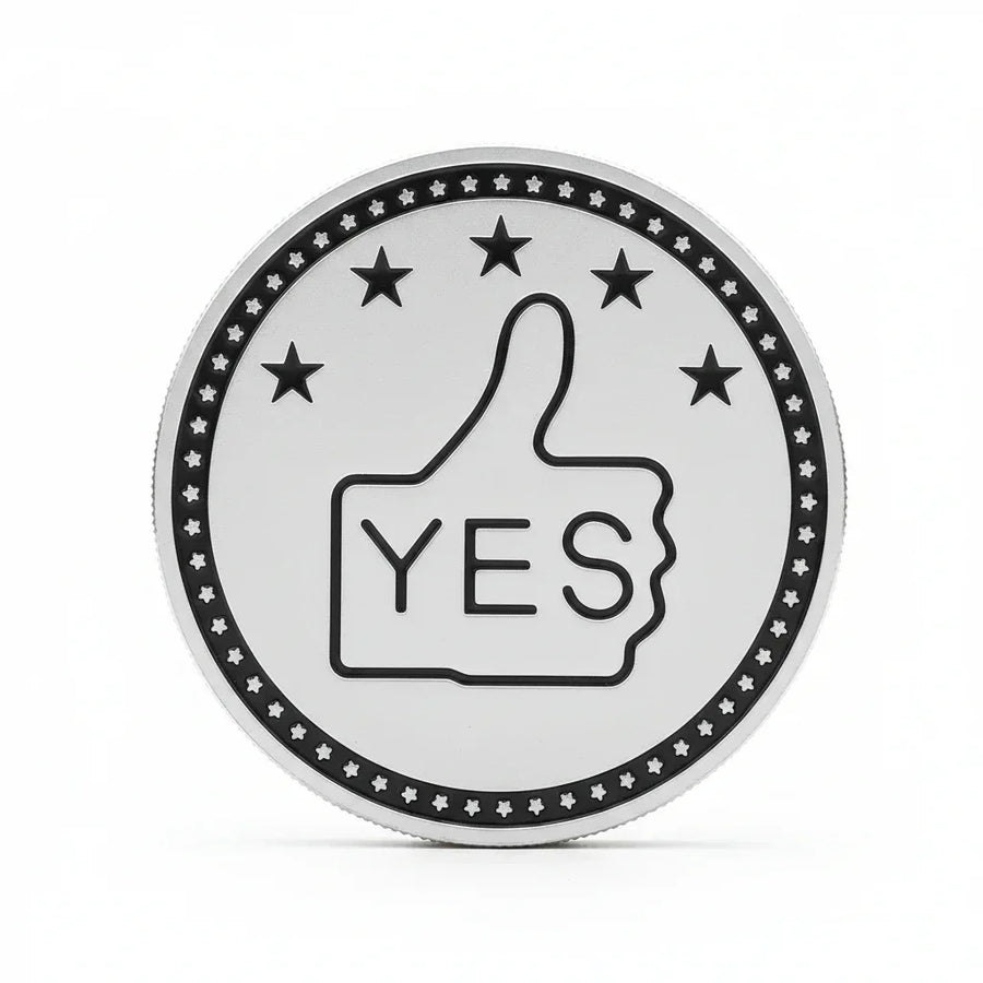YES/NO decision coin silver finish featuring thumbs up gesture with YES text, five stars, black enamel ring with stars, 40mm diameter
