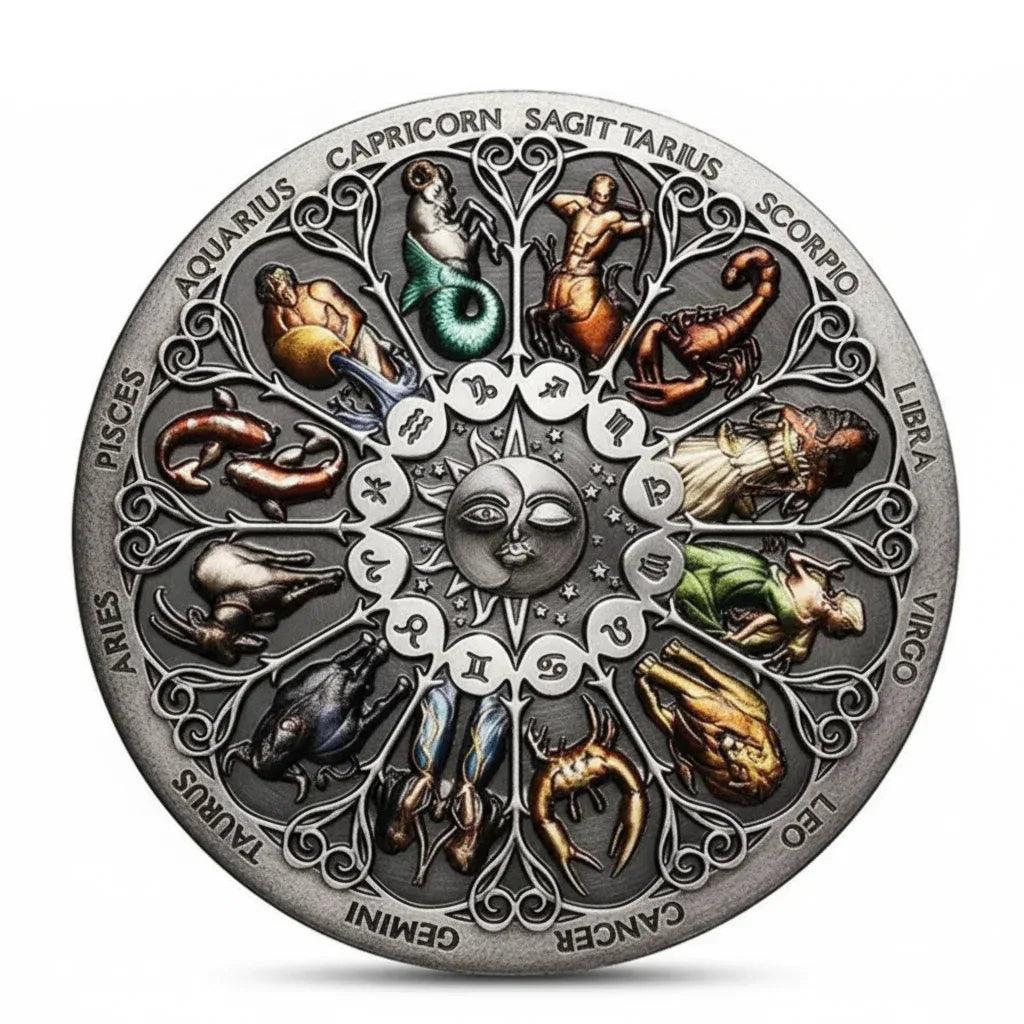 Zodiac constellation coin commemorative collectible hand-painted 12 astrology signs sun face enamel celestial horoscope collectible token available at One More Coin store

