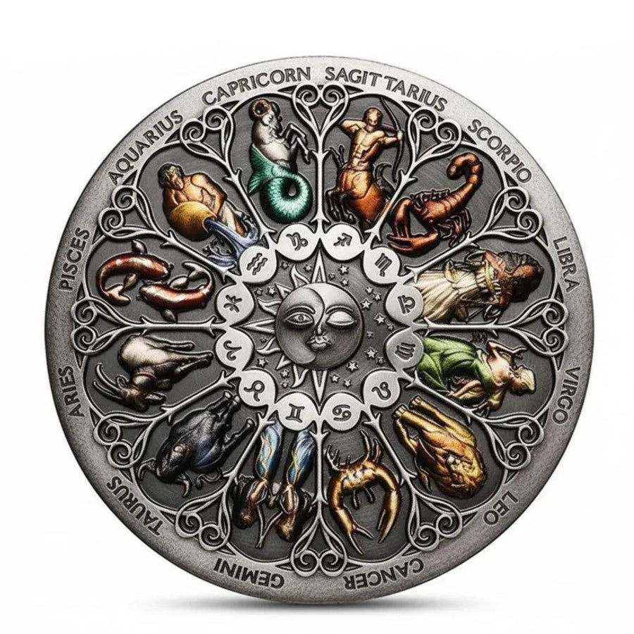 Zodiac constellation coin commemorative collectible hand-painted 12 astrology signs sun face enamel celestial horoscope collectible token available at One More Coin store
