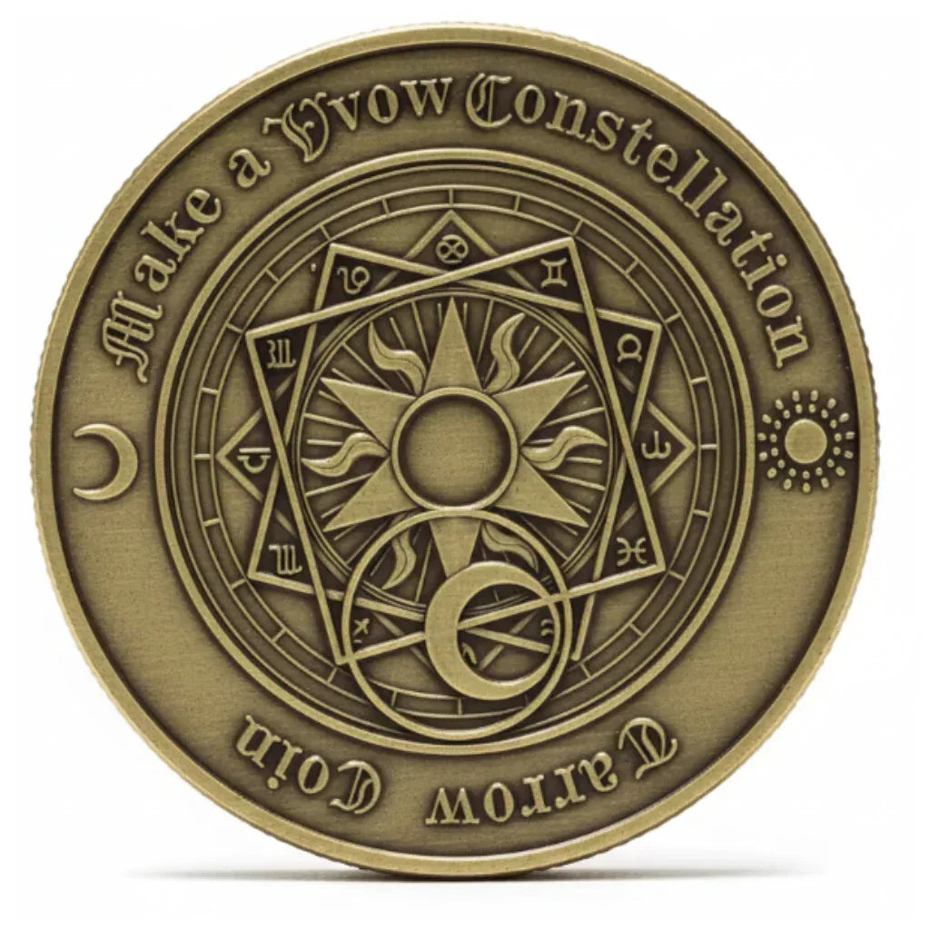 Zodiac tarot coin copper commemorative collectible 12 astrology signs mystical symbols sun moon stars antique patina collectible token available at One More Coin store
