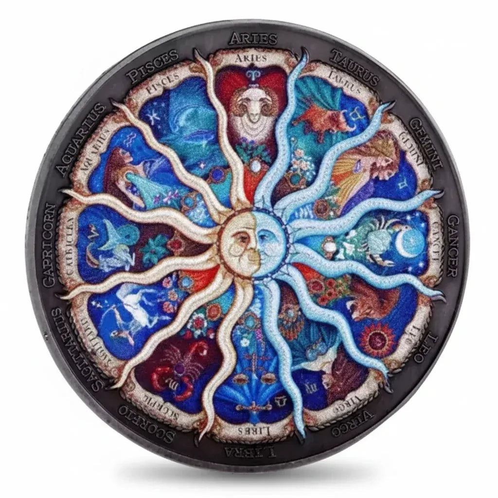 Zodiac wheel coin commemorative collectible 12 astrology signs sun moon celestial enamel design collectible token available at One More Coin store
