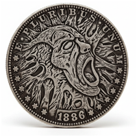 Zombie skull hobo coin with decaying flesh and flames 1886 carved horror art available at One More Coin store

