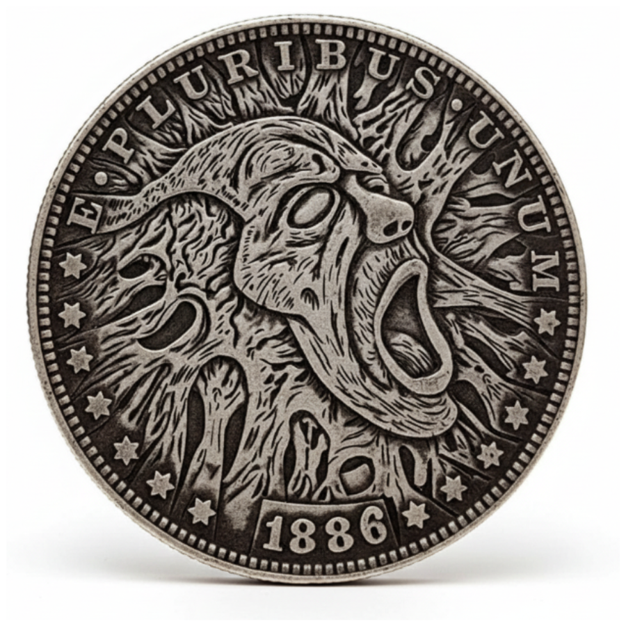 Zombie skull hobo coin with decaying flesh and flames 1886 carved horror art available at One More Coin store

