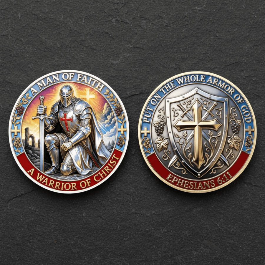 Two circular religious coins shown side by side on a dark textured background, displaying the front and back of a knight and shield design with text including 'A Man of Faith', 'A Warrior of Christ', 'Put on the whole armor of God', and 'Ephesians 6:11'.