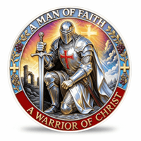 A circular religious coin featuring a kneeling armored knight holding a sword, with the text 'A MAN OF FAITH' at the top and 'A WARRIOR OF CHRIST' at the bottom. The design includes red banners, gold crosses, blue sky details, and a white outer border on a light gray background.