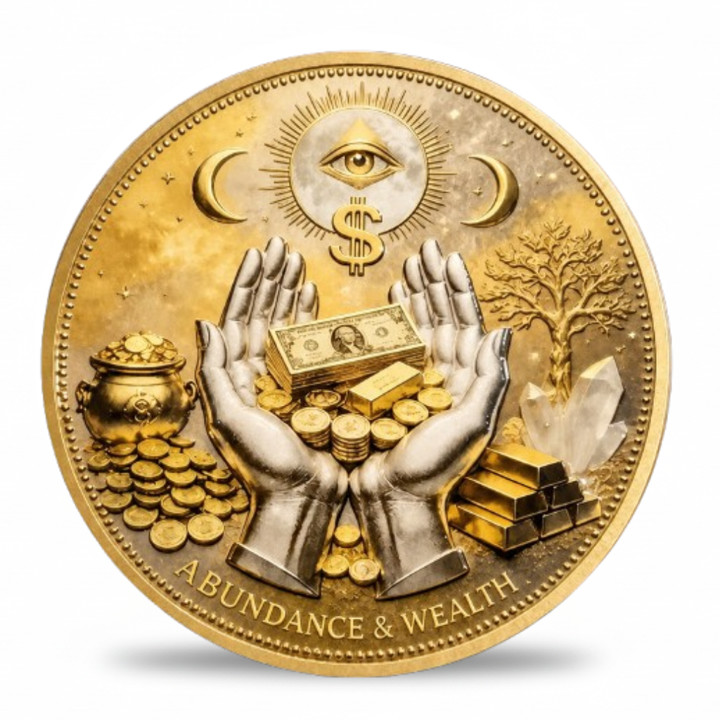 Abundance and Wealth open hands receiving gold bars coins and banknotes manifestation collectible coin token with Tree of Life and crystal design
