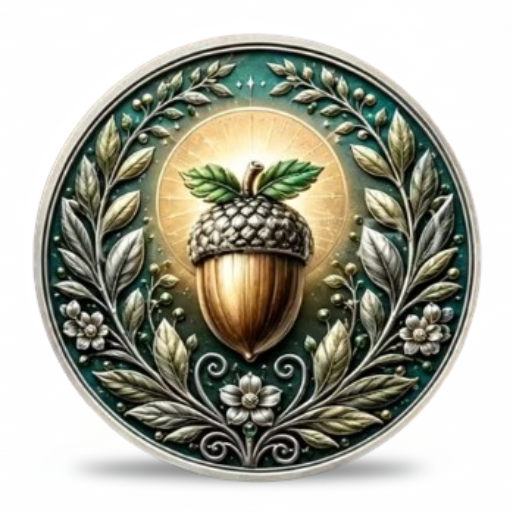 Golden acorn oak leaf wreath Celtic collectible coin reverse nature token