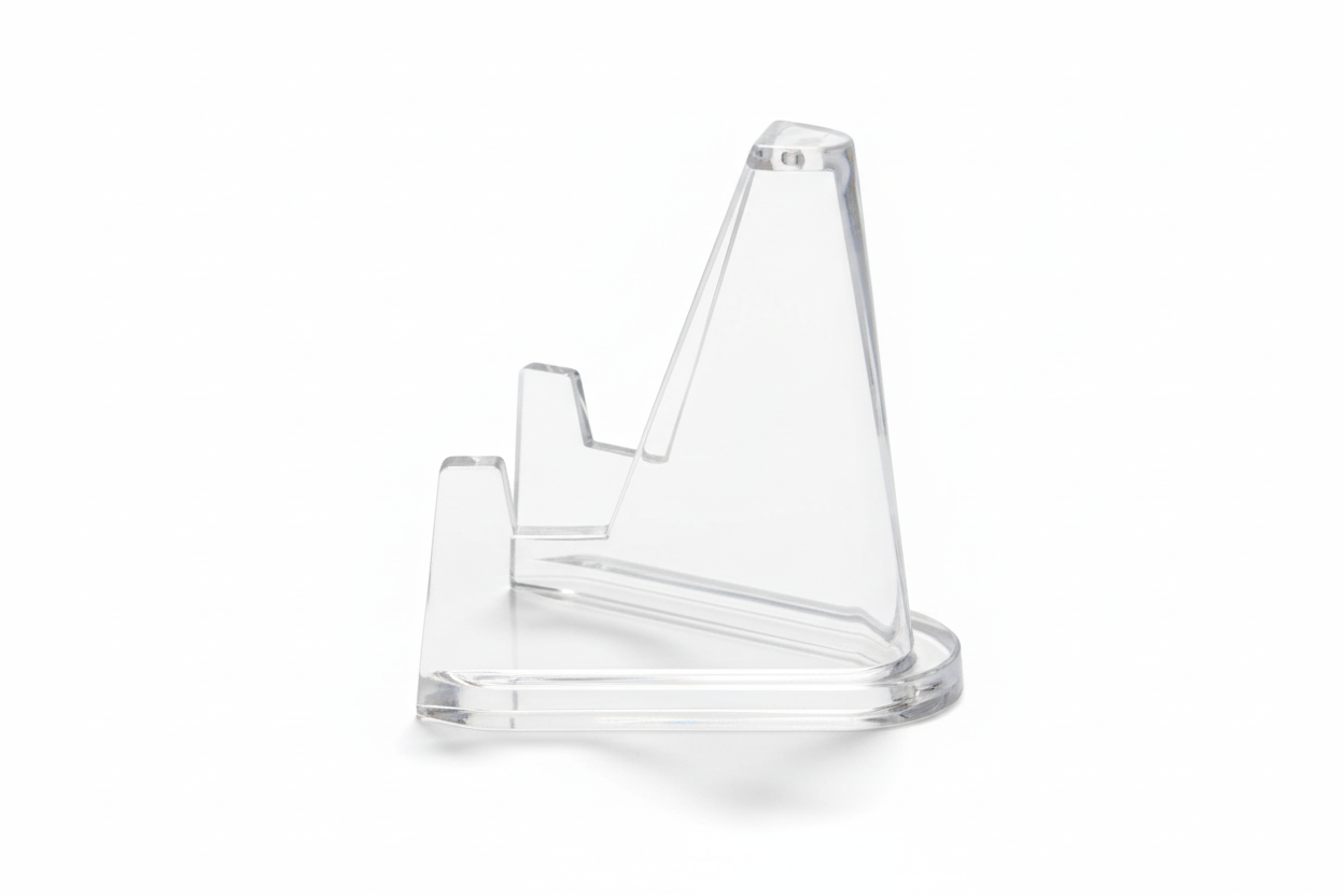 Clear acrylic pyramid coin display stand showing transparent construction and coin holder design

