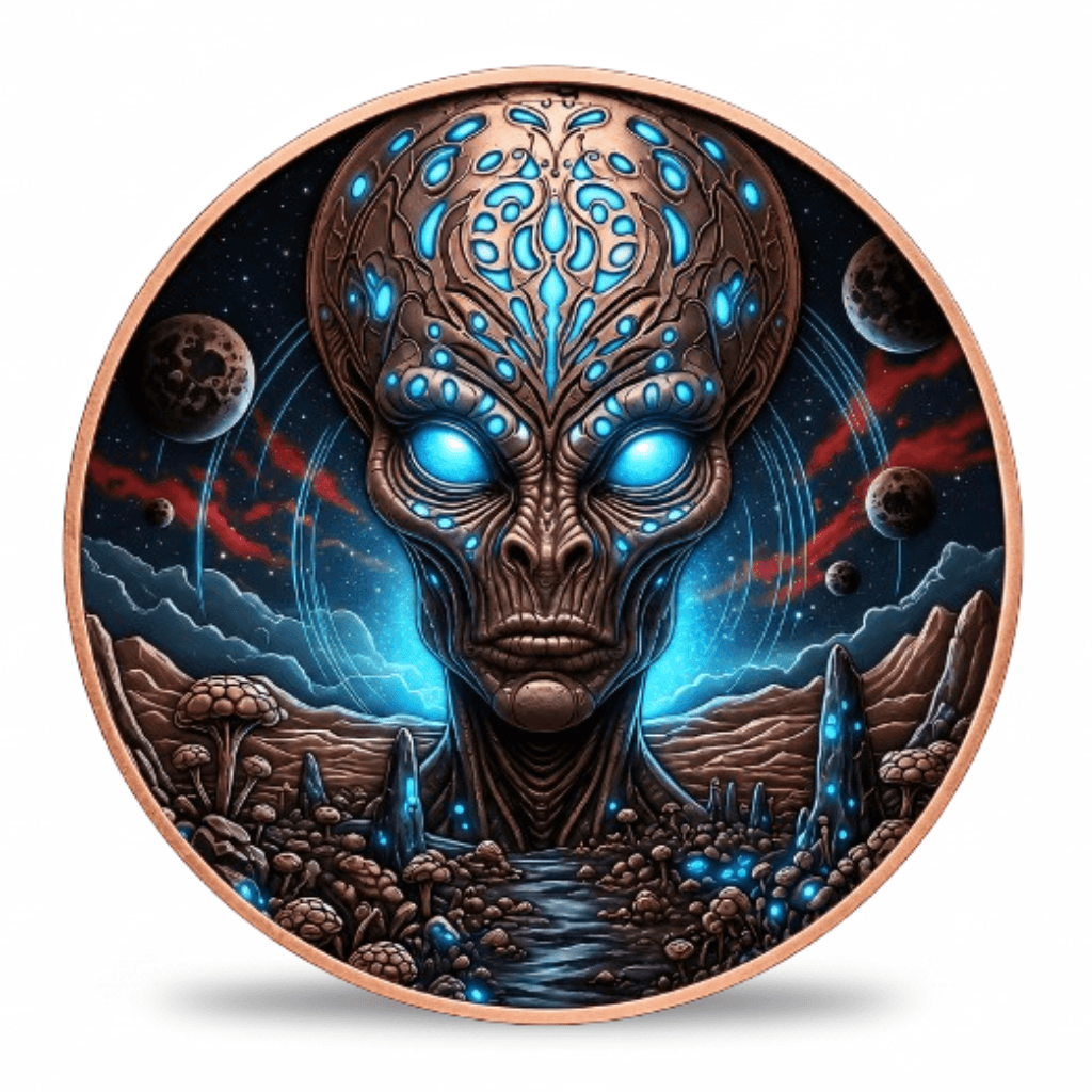A circular art print or medallion featuring a detailed sci-fi illustration of an alien head with glowing blue eyes, set against a space landscape with planets and a river, framed by a copper-toned border on a white background. Available at One more coin 