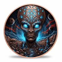 A circular art print or medallion featuring a detailed sci-fi illustration of an alien head with glowing blue eyes, set against a space landscape with planets and a river, framed by a copper-toned border on a white background. Available at One more coin 
