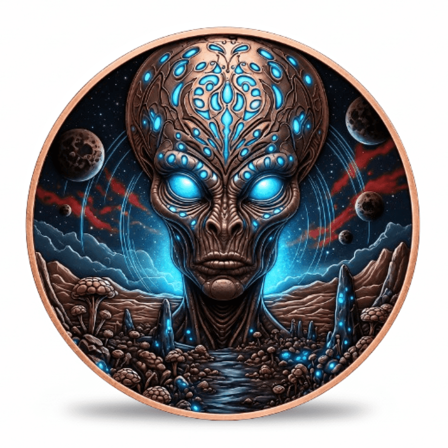 A circular art print or medallion featuring a detailed sci-fi illustration of an alien head with glowing blue eyes, set against a space landscape with planets and a river, framed by a copper-toned border on a white background. Available at One more coin 