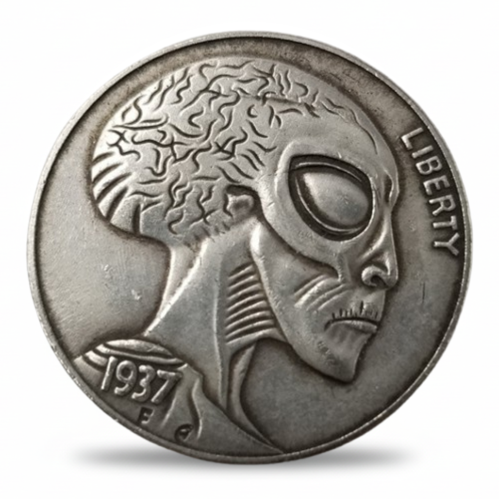 Alien hobo nickel commemorative collectible coin extraterrestrial profile Liberty inscription sci-fi gift available at One More Coin store
