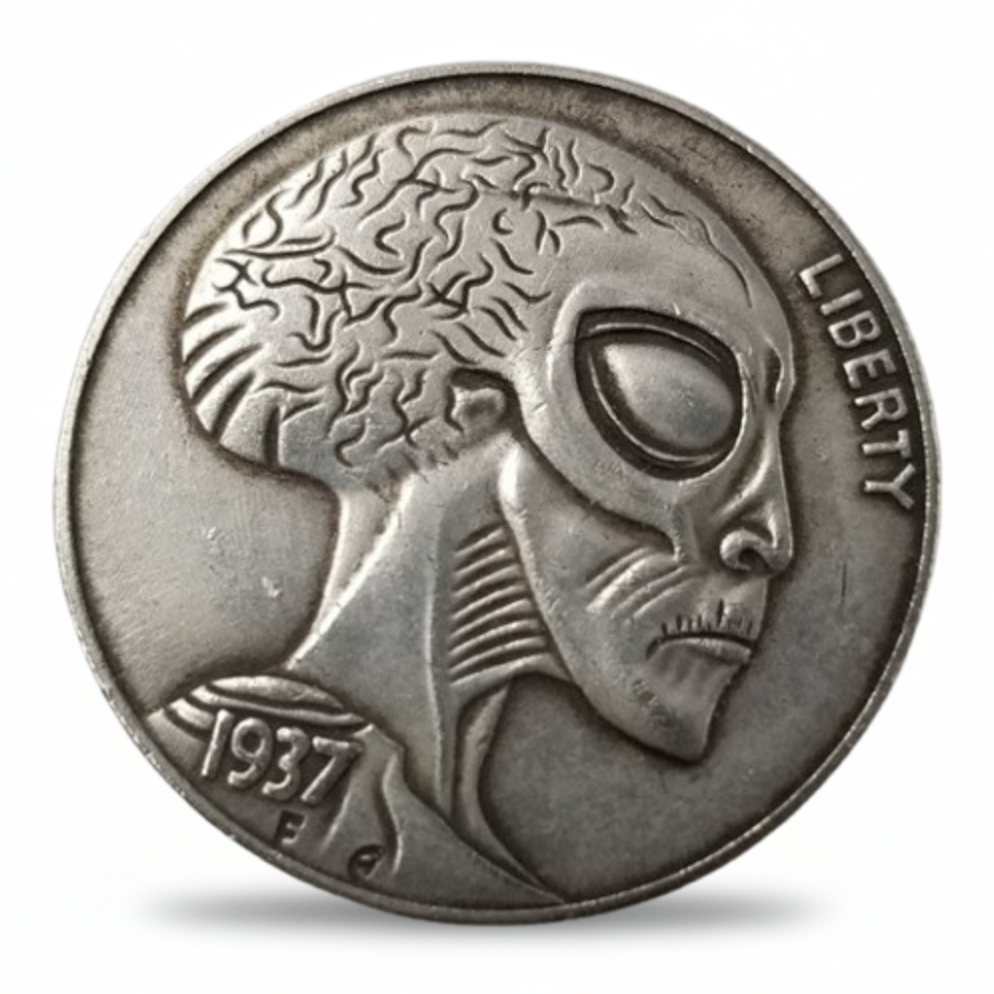Alien hobo nickel commemorative collectible coin extraterrestrial profile Liberty inscription sci-fi gift available at One More Coin store
