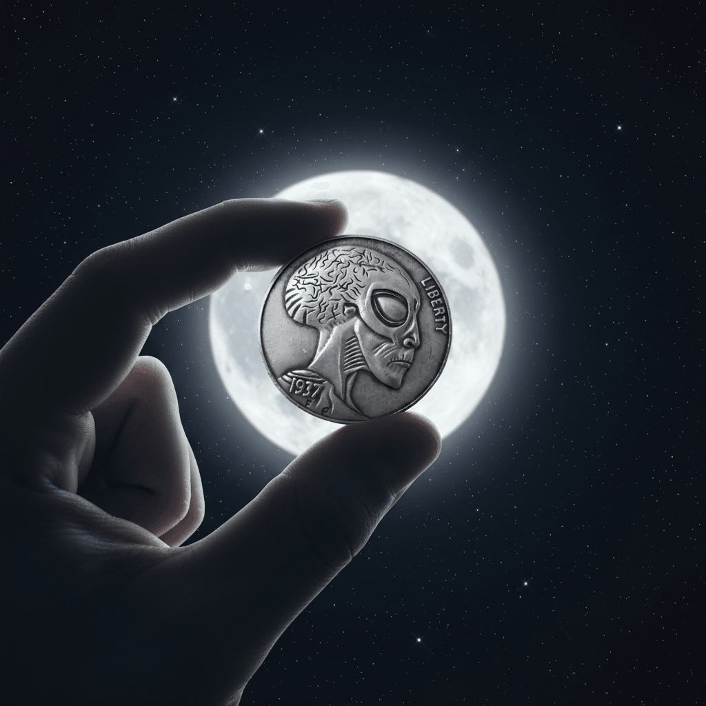 Alien Hobo Nickel – Hand Held Full Moon Night Sky