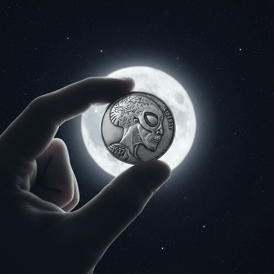 Alien Hobo Nickel – Hand Held Full Moon Night Sky