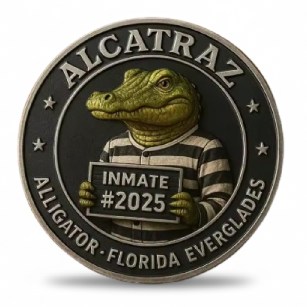 Alligator Alcatraz collectible coin black finish alligator inmate mugshot holding Inmate 2025 sign novelty collectible token
