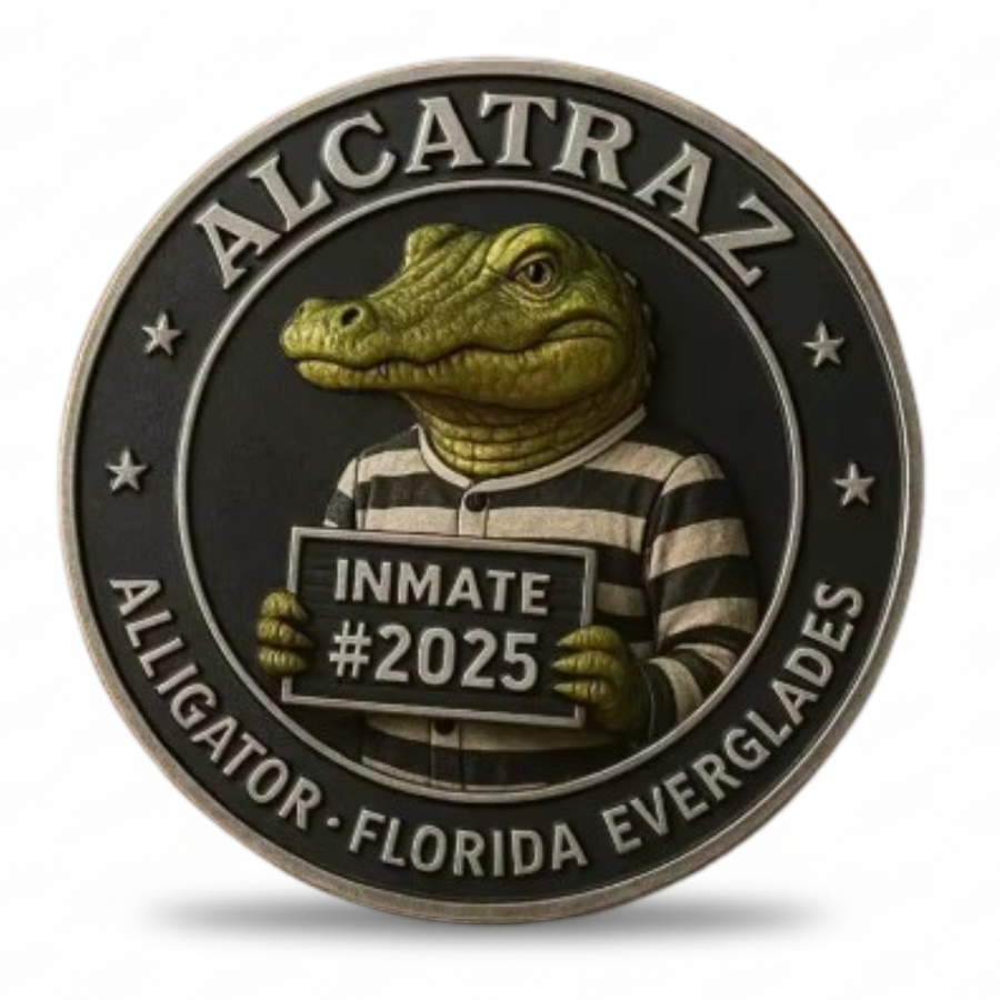 Alligator Alcatraz collectible coin black finish alligator inmate mugshot holding Inmate 2025 sign novelty collectible token
