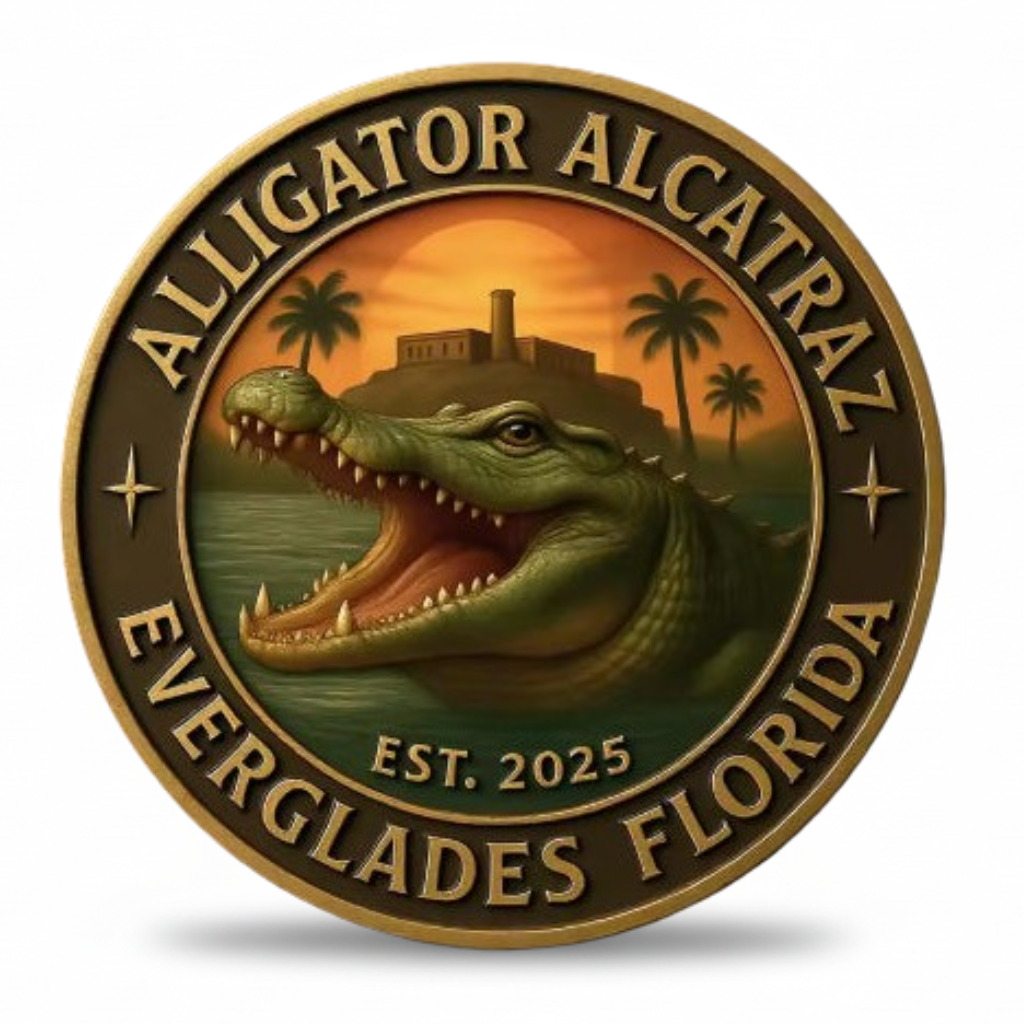 Alligator Alcatraz collectible coin colour sunset finish alligator with Alcatraz fortress palm trees Everglades Florida Est 2025 collectible token
