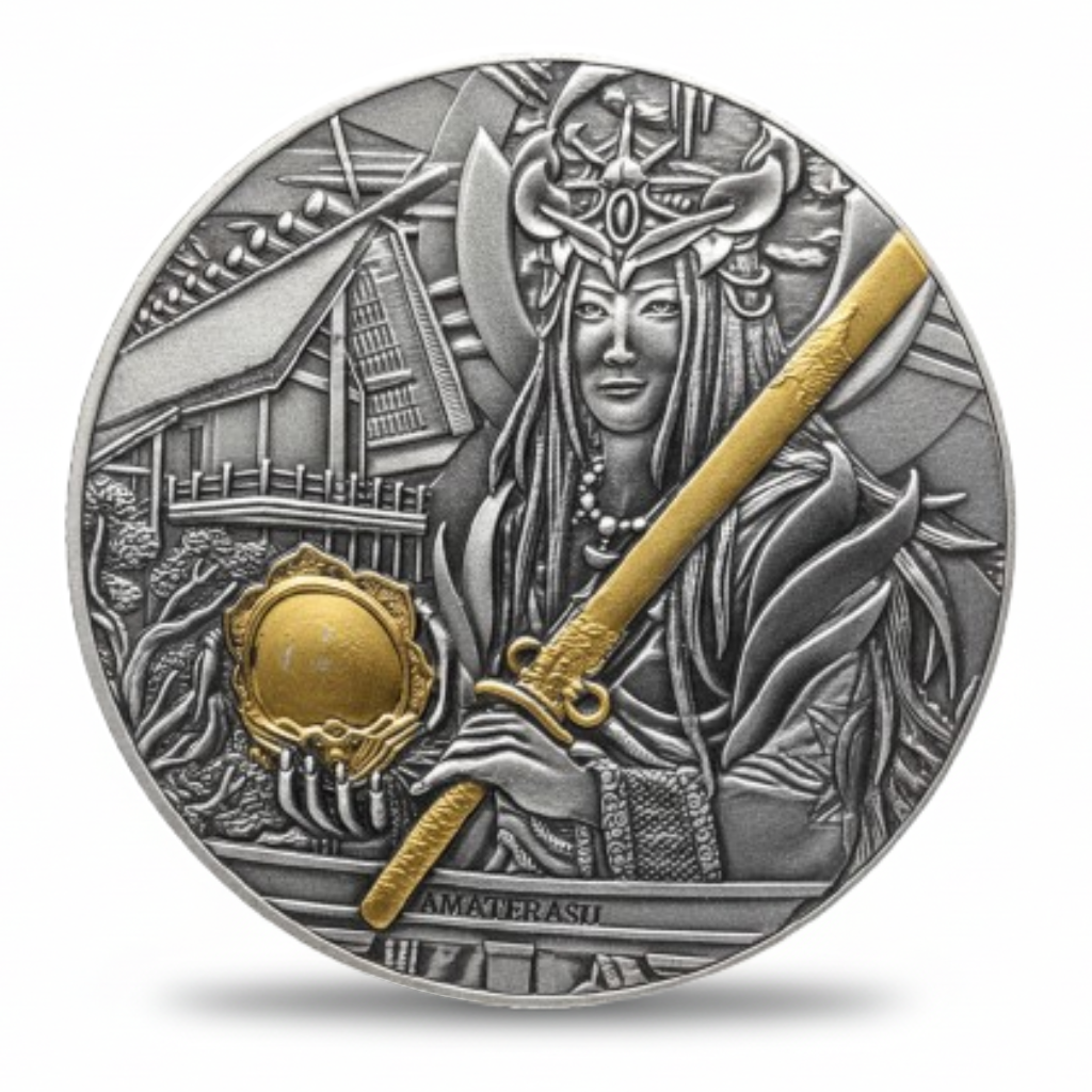 Amaterasu sun goddess commemorative collectible coin Japanese Shinto deity sacred mirror sword shrine architecture available at One More Coin store
