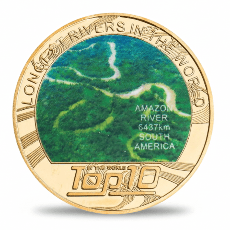 Amazon River longest rivers world collectible coin full-colour aerial photograph gold-tone token
