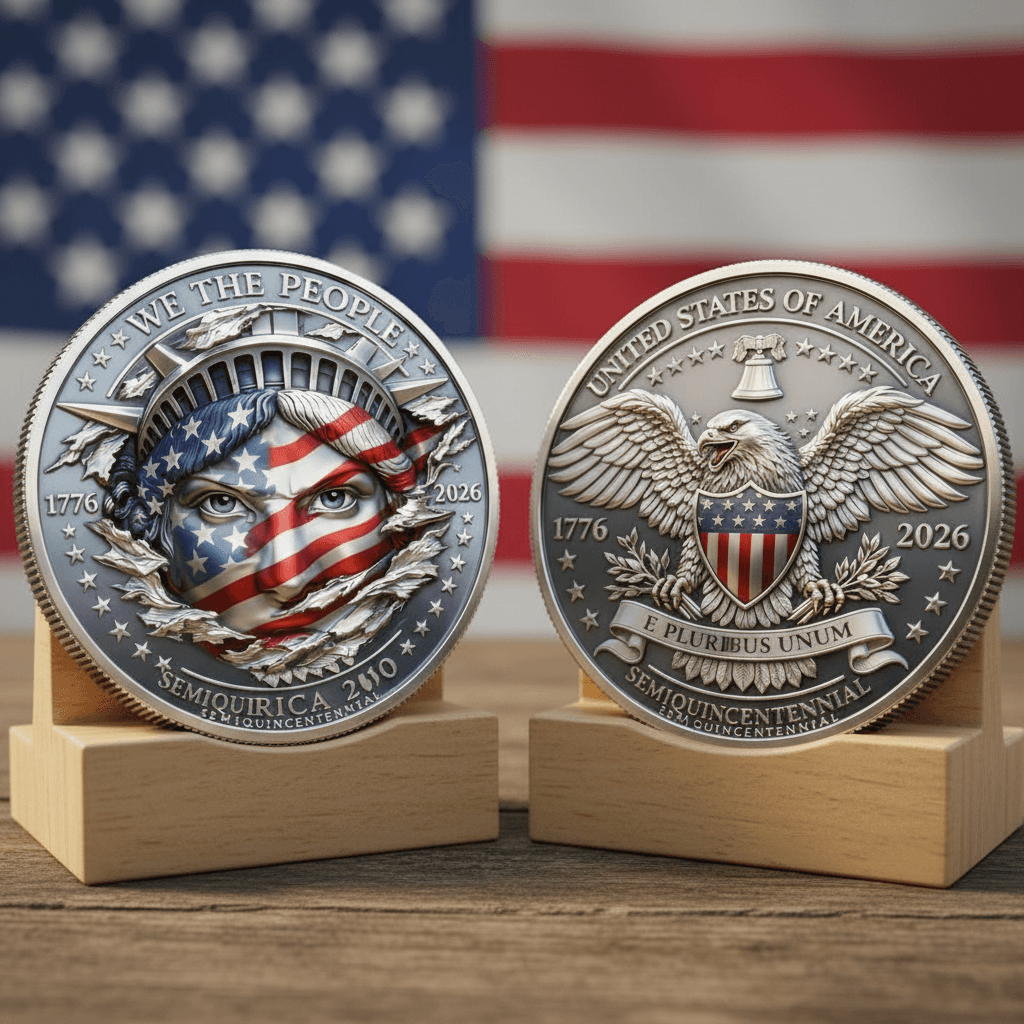 America 250 Semiquincentennial coin both sides displayed on wooden stands American flag background patriotic collectible token set
