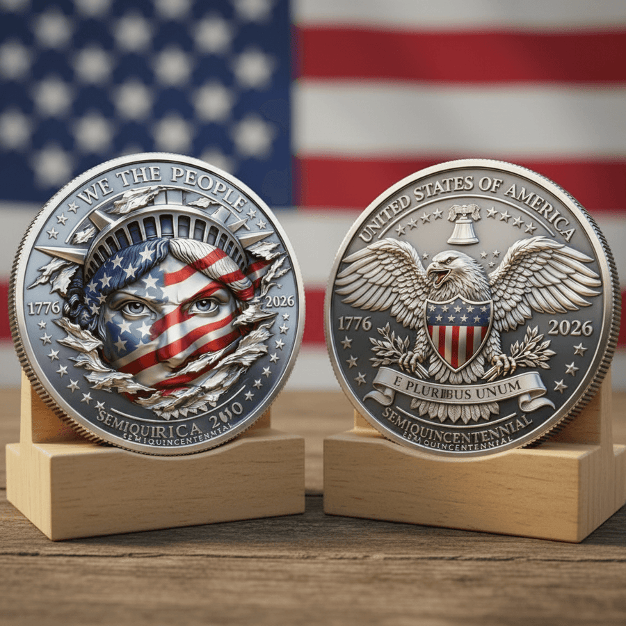 America 250 Semiquincentennial coin both sides displayed on wooden stands American flag background patriotic collectible token set
