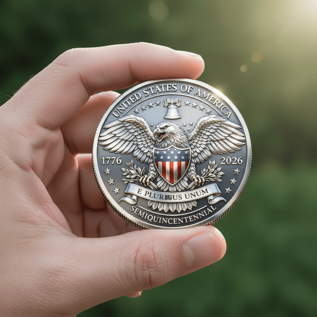 Hand holding America 250 Semiquincentennial coin bald eagle E Pluribus Unum patriotic collectible token gift

