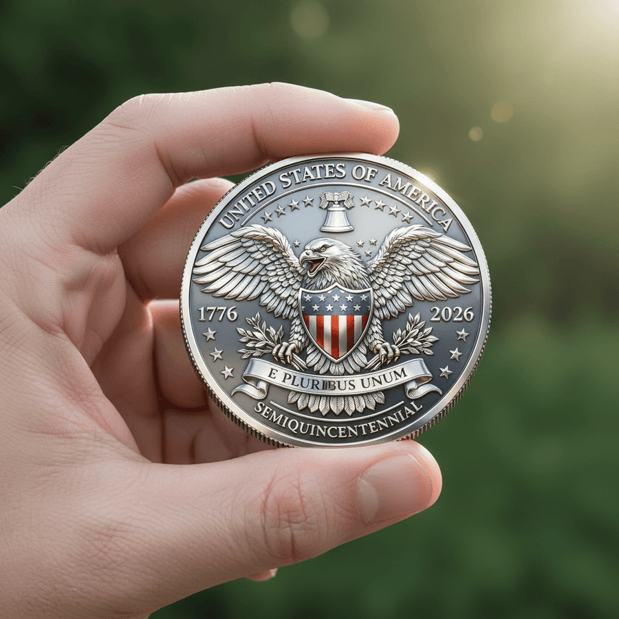 Hand holding America 250 Semiquincentennial coin bald eagle E Pluribus Unum patriotic collectible token gift
