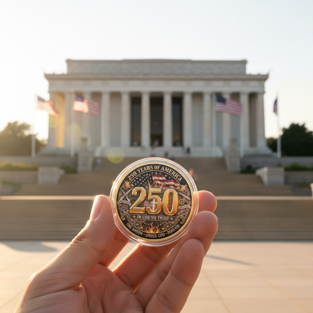 Hand holding America 250 In God We Trust collectible coin capsule against Lincoln Memorial Washington DC patriotic collector gift
