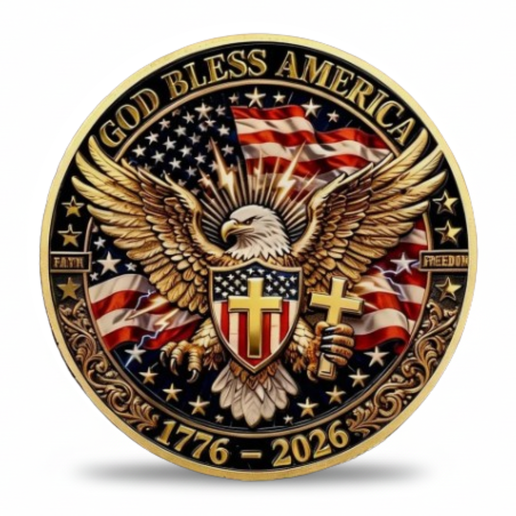 God Bless America eagle collectible coin token reverse bald eagle gold cross American shield faith freedom 1776 to 2026
