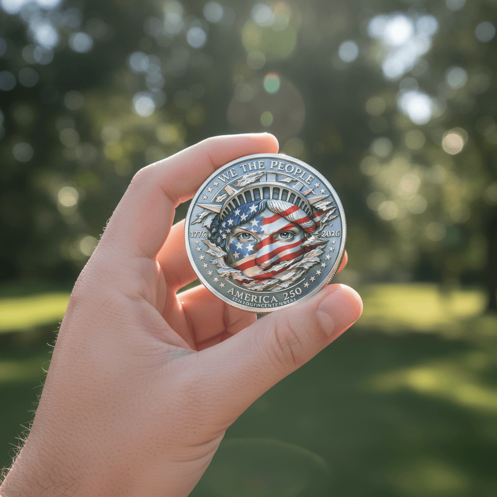 Hand holding America 250 Semiquincentennial coin Statue of Liberty We The People patriotic collectible token gift
