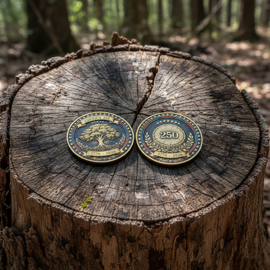 America 250 Tree of Liberty collectible coin front and reverse laid flat on rustic wood tree stump both sides shown
