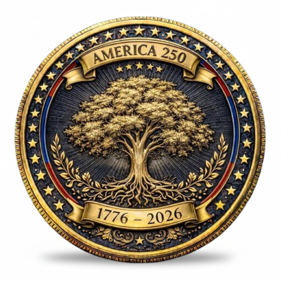 America 250 Tree of Liberty commemorative collectible coin gold oak tree 1776 to 2026 anniversary available at One More Coin store
