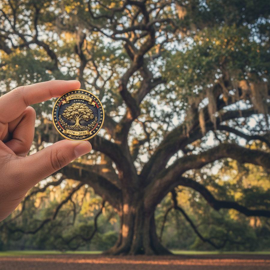 Hand holding America 250 Tree of Liberty collectible coin token against Angel Oak Tree background patriotic gift for collectors
