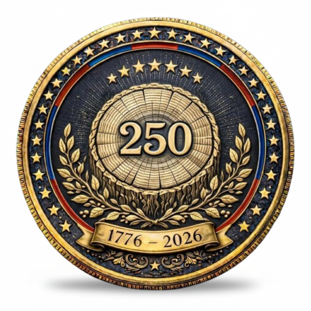 America 250 collectible coin token reverse 250 tree rings laurel wreath 1776 to 2026 anniversary design

